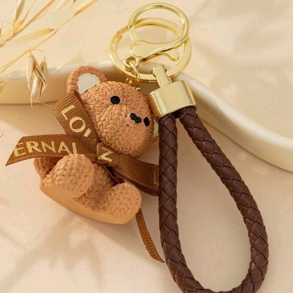 Brown Bear Bag Charm/ Keychain with Gold Accents